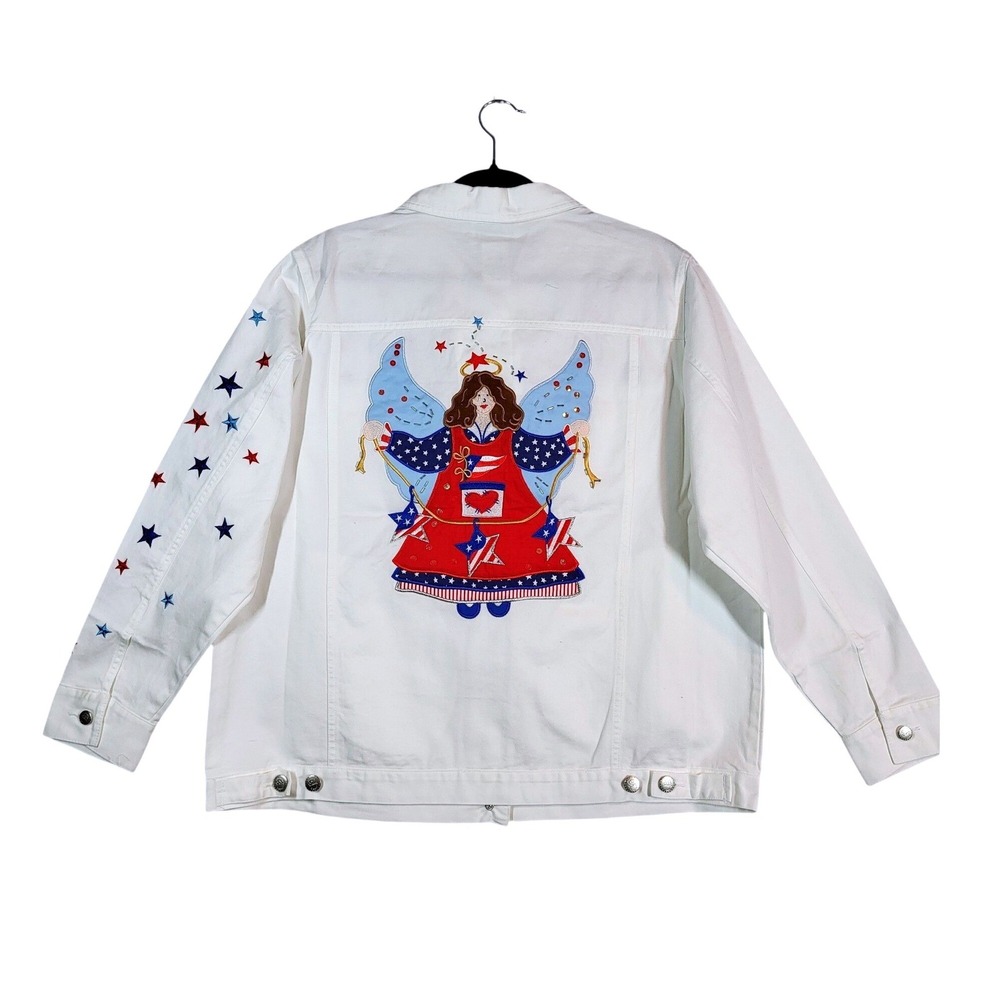 Quacker Factory Denim Jacket White Patriotic Angel Stars Rhinestone L 14/16 NEW